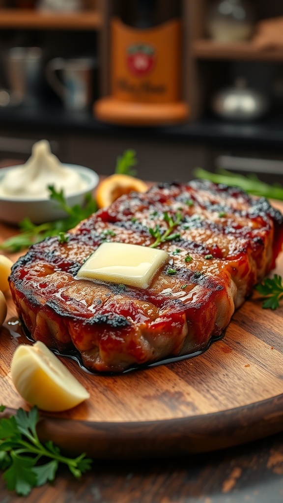 Juicy ribeye steak topped with garlic butter, garnished with parsley, on a wooden board.